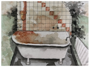 Aquarell einer verrosteten und verranzten Badewanne in einem heruntergekommenen Bad mit dreckigen Fliesen und schimmeligen Wänden