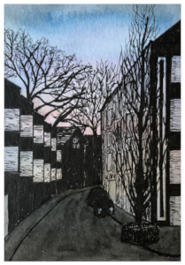 Bild der Straßenflucht Gereonshof in Köln: Am linken und rechten Bildrand sind die Gebäude silhouettenhaft in schwarz gezeichnet. Im Vordergrund ist die Silhouette eines schlanken hohen Baumes ohne Blätter und ein parkendes Auto zu sehen. Der Himmel ist in blau und rosa aquarelliert