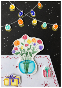 Schwarze Karte auf der unter einer bunten Lichterkette ein Geburtstagstisch mit einer Blumenvase und zwei Geschenken abgebildet ist