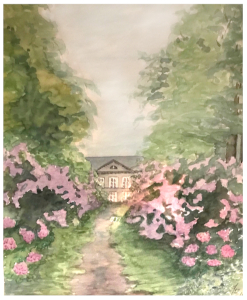 Das Aquarell zeigt einen von Rhododendron und Bäumen gesäumten Weg, der auf ein Herrenhaus zuführt