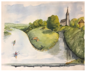 Aquarell zeigt den Blick von der Weserbrücke in Rinteln aus auf die Weser, den alten Hafen und die St.-Sturmius-Kirche. Zwei Zweier-Kajaks fahren auf der Weser und am Ufer liegen drei Kühe.