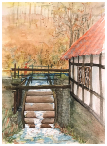 Aquarell einer Wassermühle an einem Bach, die an ein Fachwerkhaus angrenzt. Auf der Brücke, die über das Mühlrad führt, steht ein Fischer mit einer Angel.