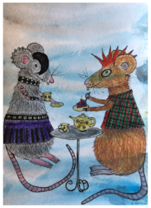 Comicartig gemaltes Bild von zwei Ratten, die wie Punks gestylt sind, an einem filigranen Tisch stehen und Tee und Kuchen einnehmen