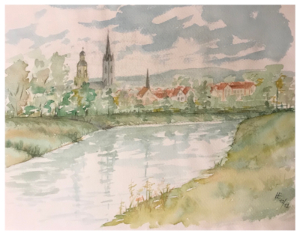 Aquarell des Blicks auf die Innenstadt von Rinteln vom anderen Weserufer aus. Man erkennt die Kirchtürme der Nikolai-Kirche und der St.-Sturmius-Kirche.