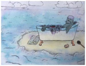 Comicartig gemaltes Bild von einem seelig lächelnden Seehund, der mit Badekappe in einer Badewanne sitzt, die auf einer Sandbank im Meer steht. Im Schaum des Bades findet sich ein Spielzeugschiff; auf dem Boden liegen ein gerolltes Handtuch, eine Seife und eine Waschbürste mit Stiel