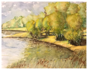 Aquarell eines von Baumgruppen bestandenen Flussufers, im Vordergrund sieht man Schilfgras.
