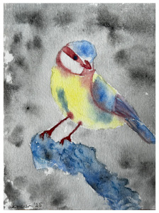 In Primärfarben aquarellierte Blaumeise, die auf einem Zweig sitzt, mit dunklem Hintergrund