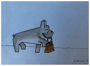 Comicartige kolorierte Zeichnung einer Französischen Bulldogge, die eine Birkin Bag von Hermés im Maul trägt
