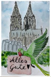 Aquarell des Kölner Doms und den nach Wellen anmutenden Bögen des Museums Ludwig davor. Im Vordergrund fliegt ein Grüner Halsbandsittich, der eine Karte mit der Aufschrift 'Alles Gute' im Schnabel hält.