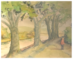 Aquarell der Platanenallee auf dem Rintelner Blumenwall mit Blick auf die Weserbrücke. Am rechten Bildrand ist eine Frau, die einen kleinen Hund an der Leine führt.