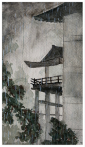 Aquarell eines im Regen und Dunst stehenden japanisch aussehenden Hauses mit geschwungenem Dach