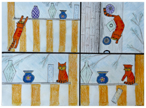 Comic in vier Bildern über eine kastig gezeichnete Katze (Square Cat): Auf dem ersten Bild springt die Katze auf eine Fensterbank. Auf dem zweiten Bild schlängelt sich
          die Katze durch die Vasen, die auf der Fensterbank platziert sind. Auf dem dritten Bild sitzt sie auf der Fensterbank neben einer Vase und schaut grimmig. Auf dem vierten Bild schaut sie mit noch ausgestreckter Tatze der fallenden Vase hinterher
