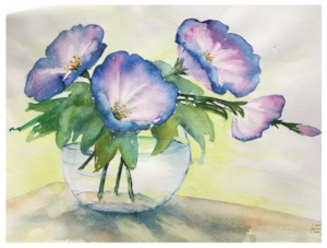 Aquarell einer bauchigen Glasvase mit fünf blauen Blumen