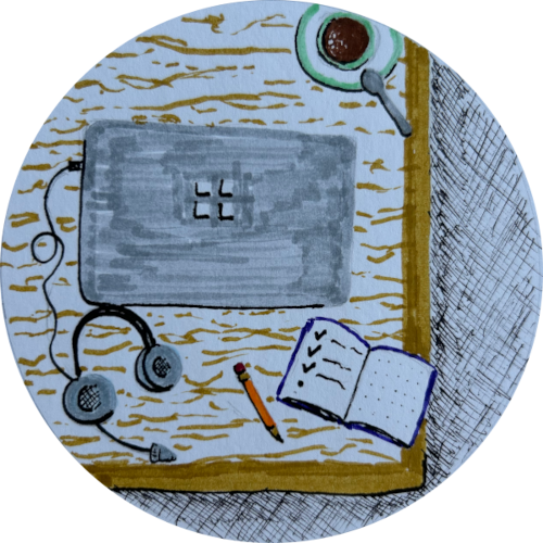 Illustration eines Schreibtischs von oben, auf dem ein 
          Laptop, ein Headset und eine Kaffeetasse abgebildet sind