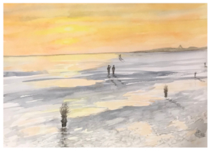 Aquarell des Watts bei Ebbe mit Blick auf die Insel Neuwerk in der Abenddämmerung. Im Watt sieht man die Bricken sowie ein Personenpaar, das in Richtung der Insel schaut und ein Personenpaar weiter hinten im Watt, das sich an den Händen hält und sich anschaut