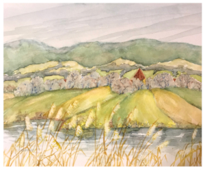 Aquarell eines Blicks auf das Weserbergland vom Ufer der Weser aus. Im Vordergrund sieht man Schilfgras und dahinter das Wasser der Weser.