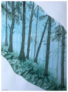 Aquarell eines nebligen Nadelwalds